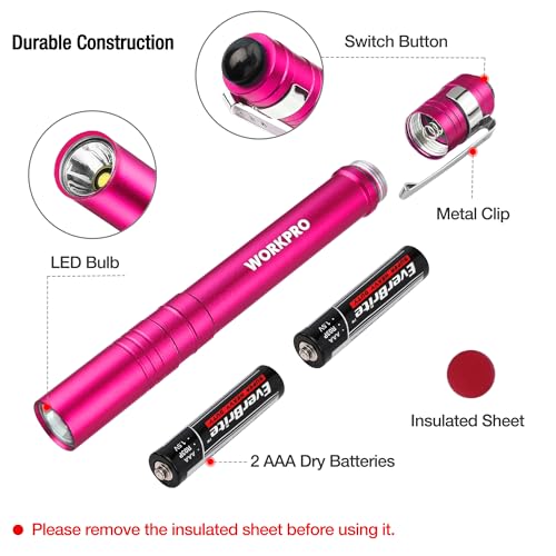WORKPRO LED Pen Light, Aluminum Pen Flashlight, Pocket Flashlight with Clip - color: Pink