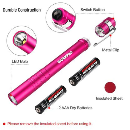 WORKPRO LED Pen Light, Aluminum Pen Flashlight, Pocket Flashlight with Clip - color: Pink