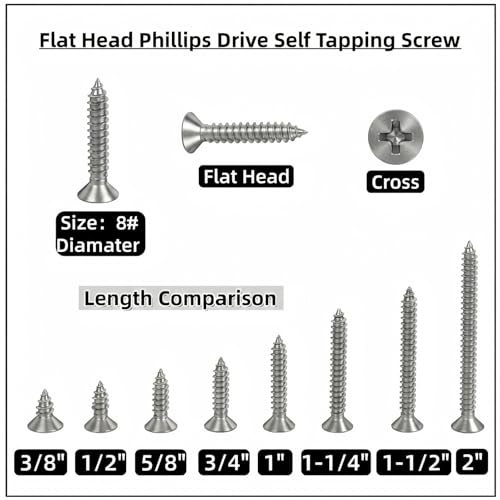 #8 x 1 [100 Pack] Flat Head Phillips Drive Self Tapping Screws, Sheet Metal Screws, 304 Stainless Steel (18-8), Corrosion Resistant Screws for Wood, Sheet Metal and More - size: #8 x 1