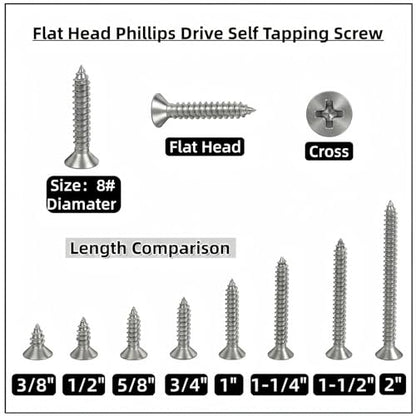 #8 x 1-1/2 [100 Pack] Flat Head Phillips Drive Self Tapping Screws, Sheet Metal Screws, 304 Stainless Steel (18-8), Corrosion Resistant Screws for Wood, Sheet Metal and More - size: #8 x 1-1/2