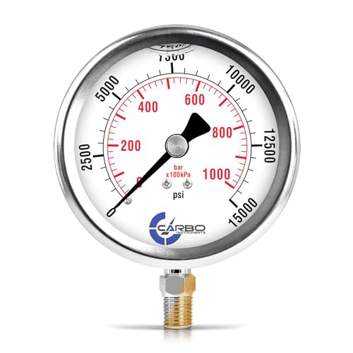 15000 PSI Glycerin Liquid Filled Pressure Gauge, 4" Dial, 1/4 NPT Lower Mount, 304 Stainless Steel Case, Brass Wetted Parts, Dual Scale PSI/Bar - ASME B40.1 Grade A - size: 0-15000Psi, style: STANDARD
