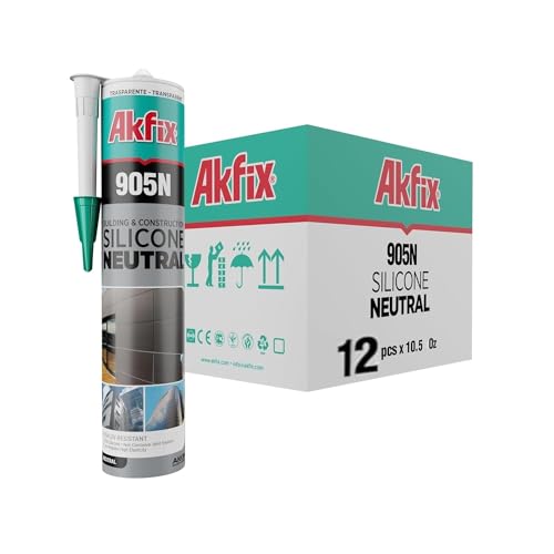 Akfix 905N Clear 100% Silicone Caulk for Construction and Building (12x10.5 fl.oz.) - Solvent-Free, Low Odor, UV & Water Resistant, Fast Curing, Paintable, Flexible Silicone Sealant | Clear, 12 Pack - size: 12 Pack, style: Kitchen&Bath Silicone-Clear
