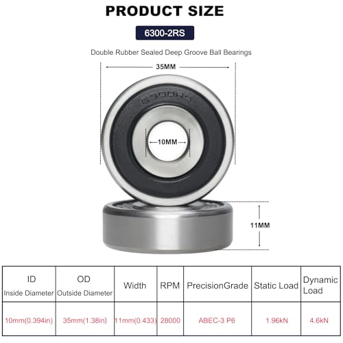 10 Pack 6300-2RS Double Rubber Seal Deep Groove Ball Bearings, Pre-Lubricated and Stable Performance and Cost Effective Ball Bearings (6300 RS)