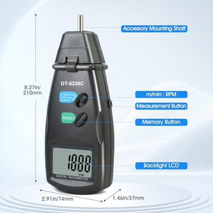 2-in-1 Digital RPM Tachometer Gauge, AIOMEST Non-Contact Laser Photo Tacómetro 2.5~99,999RPM, Contact Tester 0.5~19,999 RPM, RPM Meter for Engine, HVAC Motor, Drone propellor Speed - color: black