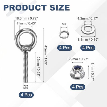 PATIKIL M4 x 25mm Shoulder Eye Bolt, 4 Pcs 304 Stainless Steel Lifting Ring Threaded Eye Bolt with Flange Lock Nuts Spring and Flat Washers for Hanging Tie Down Straps Outdoor Indoor - size: M4 x 25mm