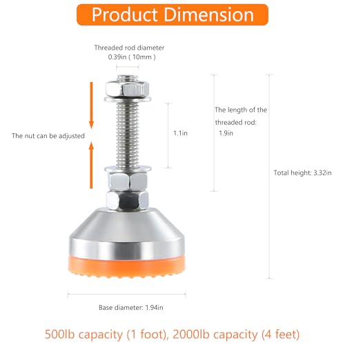 Heavy Duty 2000 lb Capacity Stainless Steel Adjustable Leveling Feet for Shelving,Machinery Devices, Workbench,Furniture,M10 Thread, 1.94inches Dia Base, Anti-Slip Nylon Pad - color: Orange, size: B1.94in x M10x H1.97in