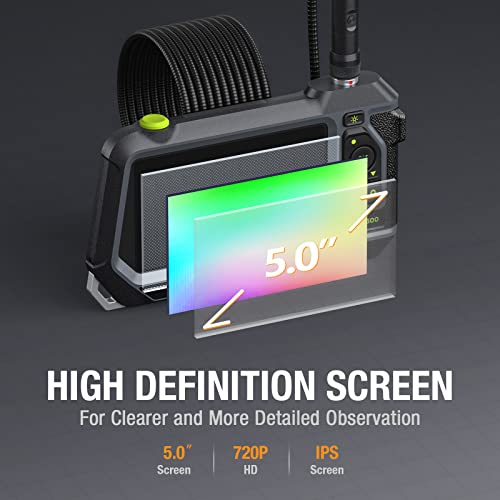 Dual Lens Endoscope with 5" Monitor, Teslong NTS500 Industrial Waterproof Borescope Inspection Camera with 0.21in Front & Side-View Double Lens with 9.8FT Probe, 5-Inch IPS LCD Screen & Case