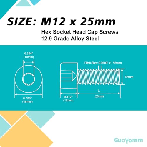 M12-1.75 x 25mm 6pcs Hex Socket Head Cap Screws Bolts, 12.9 Grade Alloy Steel, Black Oxide Finish, Metric Allen Hex Drive, Full Thread - size: M12 x 25mm(6PCS)