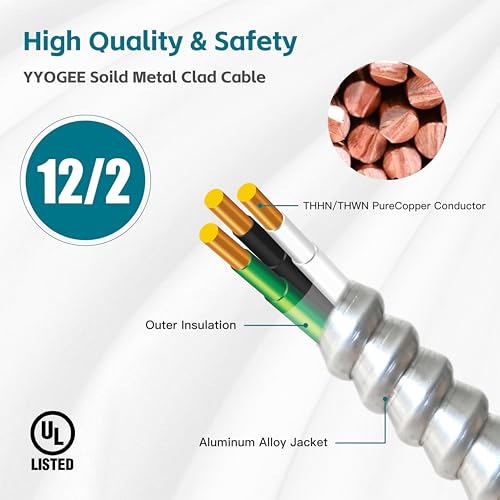 12/2 50FT MC Cable with Ground, 12 Gauge Wire Metal Clad Cable with Solid Copper Conductors, Aluminum Armor, Electric Wire for Indoor, Outdoor, Commercial, Industrial Use - size: 50 FT