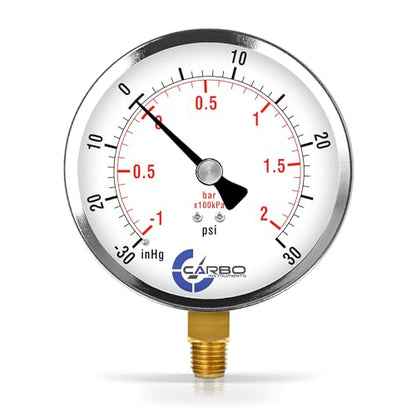 Carbo Dry Compound Pressure Gauge -30 inHg to 30 PSI with NIST Traceable Certificate, Calibrated in USA Lab, 4" Dial, 1/4 NPT Lower Mount, ASME Grade A, Steel Case, Brass Wetted Parts, inHg/Bar - size: -30inHg / 0 / +30PSI, style: NIST TRACEABLE