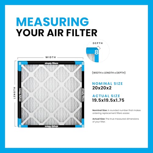 Simply 20x20x2 Air Filter, MERV 8, 6 Pack, Furnace Air Filter for HVAC (Actual Size:19.5"x19.5"x1.75") DUST, Pet, & Allergy Control - size: 20x20x2