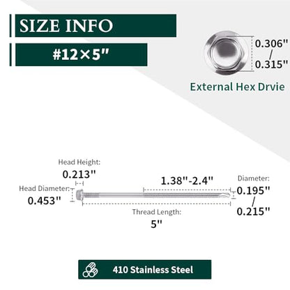 #12 x 5 (25 pcs) Hex Washer Head Self Drilling Screws, 410 Stainless Steel Metal Sheet Tek Screws, Self Tapping Point, No Pre-drilled Hole Needs - size: #12 x 5"