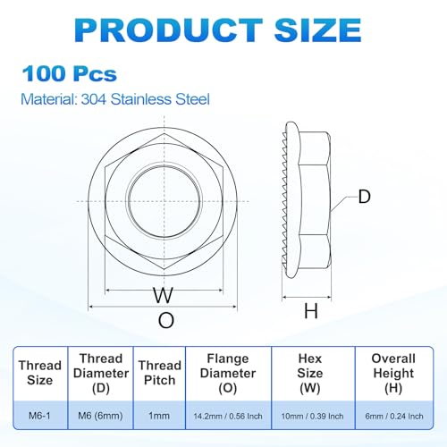 100Pcs Serrated Flange Hex Nuts-M6-1-Coarse 304 SS Bright Finish - color: Silver, size: M6-1