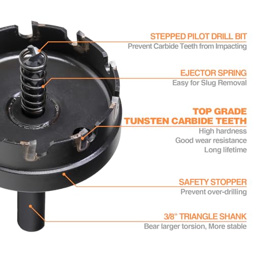 Tungsten Carbide Tipped Hole Cutter, 2-1/8 inch TCT Hole Saw, Oxided Coating with Tri-Flat Shank, 5mm Hole Depth Heavy Duty, for Stainless Steel, Mild Steel, Iron, Copper, Brass, Plastic - size: 57mm | 2-1/4", style: Single Pack