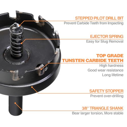 Tungsten Carbide Tipped Hole Cutter, 2-3/8 inch TCT Hole Saw, Oxided Coating with Tri-Flat Shank, 5mm Hole Depth Heavy Duty, for Stainless Steel, Mild Steel, Iron, Copper, Brass, Plastic - size: 60mm | 2-3/8", style: Single Pack