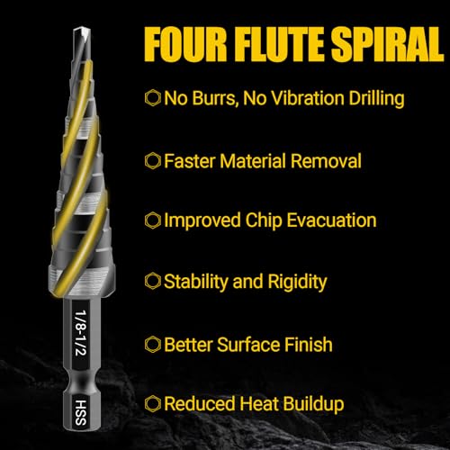 Four Spiral Flute Step Drill Bit, HSS Step Drill Bits (1/8"-1/2") - size: HSS 1 Piece (1/8"-1/2", 13 Steps)