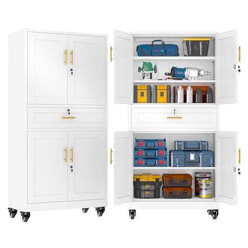 GAIOUS Metal Garage Storage Cabinet with Wheels and Drawer, Steel File Cabinet for Home Office, 74'' Tall Tool Cabinet with 4 Locking Doors and 3 Adjustable Shelves, Rolling Cabinet for Garage - White - color: White, size: 15.75"D x 35.43"W x 74"H