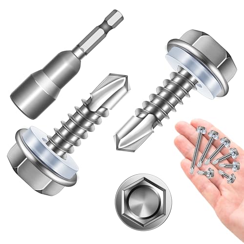 Self Tapping Screws for Metal 100 Pcs #10 x 3/4" Sheet Metal Screws, 410 Stainless Steel Hex Head Self Drilling Screws for Metal Plastic Wood, High-Strength Quick Self-Tapping Screws by Marysino - color: Silver (#10), size: 3/4"