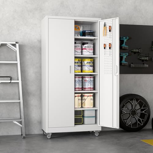 White Metal Garage Storage Cabinet with Wheels and Pegboard, 71 in. - color: White, size: 18"D x 34"W x 71"H