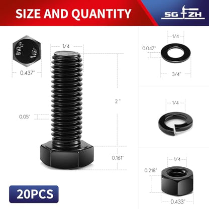 1/4-20 x 2 Hex Head Screw Bolt, Nuts, Flat & Lock Washers, 20Pcs 18-8 (304) Stainless Steel, Fully Threaded, Black Oxide by SG TZH - size: 1/4-20 x 2"