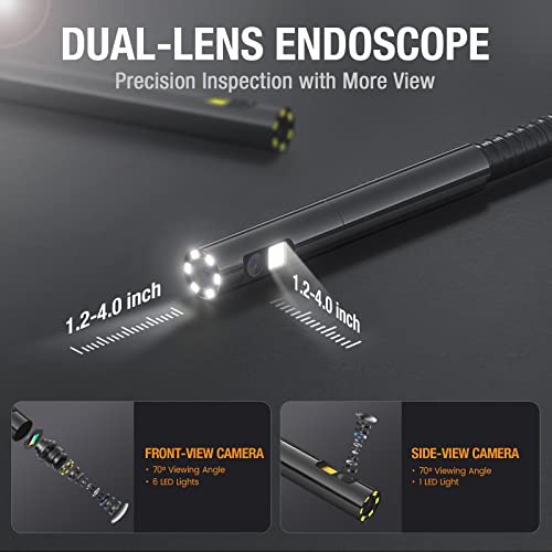 Dual Lens Endoscope with 5" Monitor, Teslong NTS500 Industrial Waterproof Borescope Inspection Camera with 0.21in Front & Side-View Double Lens with 9.8FT Probe, 5-Inch IPS LCD Screen & Case