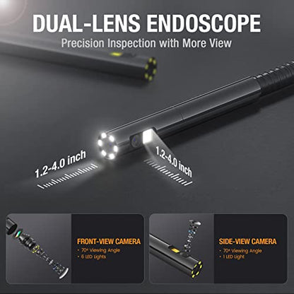 Dual Lens Endoscope with 5" Monitor, Teslong NTS500 Industrial Waterproof Borescope Inspection Camera with 0.21in Front & Side-View Double Lens with 9.8FT Probe, 5-Inch IPS LCD Screen & Case