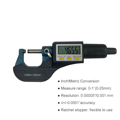Digital Outside Micrometer, MFQNENLK Digital Electronic Display Micrometer 0-1"/0-25mm, Professional Inch/Metric Measuring Tool 0.00005"/0.001 mm, with Protective Case & Battery