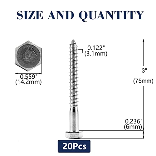 3/8" x 3" Hex Head Lag Screws Bolts 20Pcs 304 Stainless Steel 18-8, Partial Thread, Hexagon Head Wood Screws by SG TZH - size: 3/8-16 x 3"