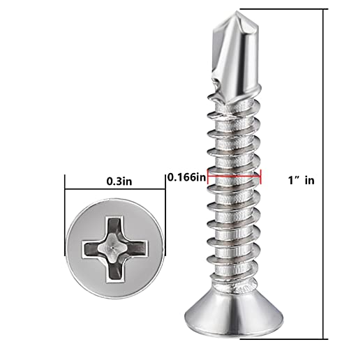 Wensilon（300pcs）#8×1”for Sheet Metal Self-Tapping Screws 410 Stainless Steel Flat Head High-Strength Quick self-Drilling Screws - color: Silver, size: #8X1"