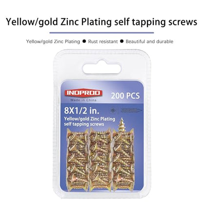 200pcs Flat Head Phillips Wood Screws #8 × 1/2", Yellow Zinc Plated Carbon Steel Sheet Metal Screws, High Strength Self Tapping Screws for Metal Plastic & Wood, Self Drilling, 8 × 1/2-Inch - size: #8X1/2"