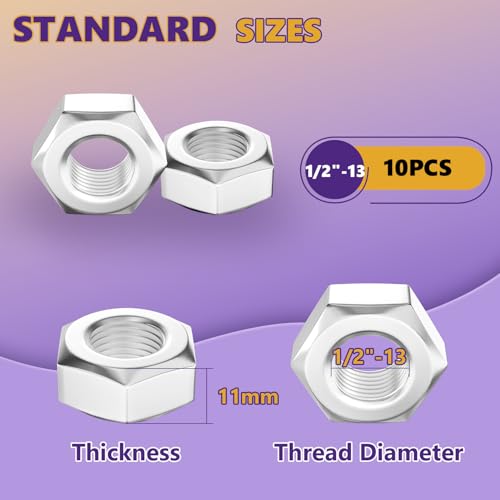 10Pcs SAE 1/2"-13 Hex Nut Set 304 Stainless Steel - size: 10Pcs-1/2"-13