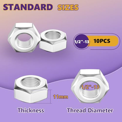 10Pcs SAE 1/2"-13 Hex Nut Set 304 Stainless Steel - size: 10Pcs-1/2"-13