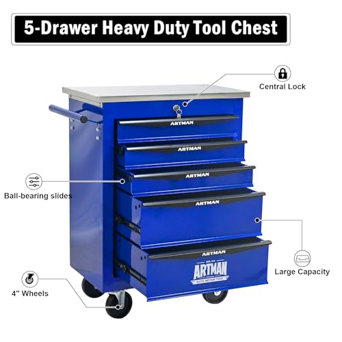 Rolling Tool Chest,Stainless Steel Worktop,Blue,5‑Drawer - color: Blue, size: 5-Drawers