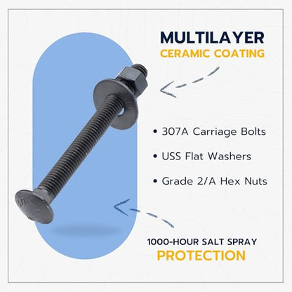 1/2 in. x 5 in. Black Carriage Bolt Kit Includes 12 Bolts, 12 Washers, and 12 Nuts, Ceramic Black Ruspert Coated for Exterior Use - 2X Rust Resistance of Galvanized by Makers Bolt - size: 1/2 x 5