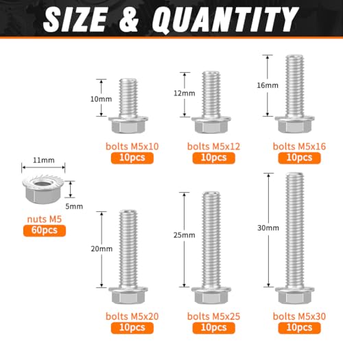 M5 Bolts and Nuts Assortment, 304 SS Flange Hex Bolts Flange Nuts 120pcs - color: Stainless Steel, size: M5