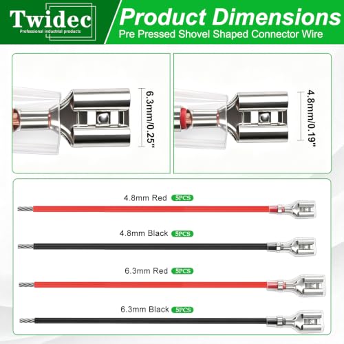 Twidec/20Pcs 4.8mm and 6.3mm Female Spade Crimp Terminal with Insulating Sleeve and Wire Red + Black Female Spade Quick Splice Assortment Kit - size: 4.8mm+6.3mm