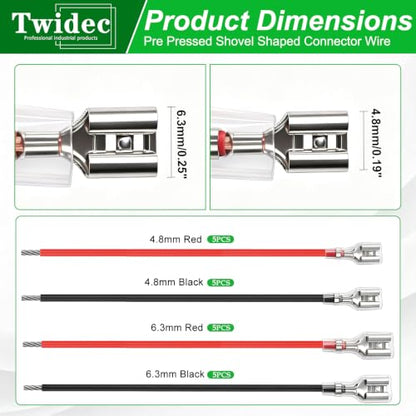 Twidec/20Pcs 4.8mm and 6.3mm Female Spade Crimp Terminal with Insulating Sleeve and Wire Red + Black Female Spade Quick Splice Assortment Kit - size: 4.8mm+6.3mm