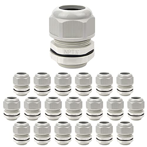 LeMotech 20 Pack NPT 1/2" Cable Glands Waterproof Adjustable 6-12mm Cable Connectors Grey Nylon Joints with Gaskets - color: Grey, size: 1/2inch 20-pack