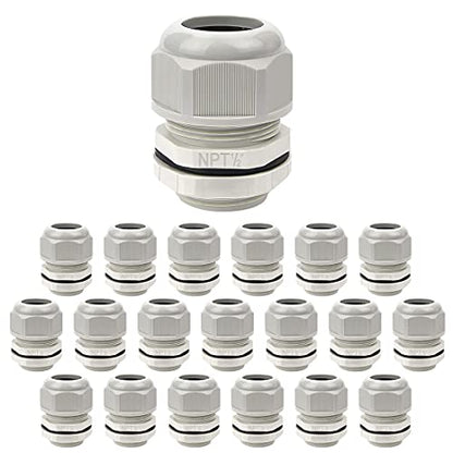 LeMotech 20 Pack NPT 1/2" Cable Glands Waterproof Adjustable 6-12mm Cable Connectors Grey Nylon Joints with Gaskets - color: Grey, size: 1/2inch 20-pack