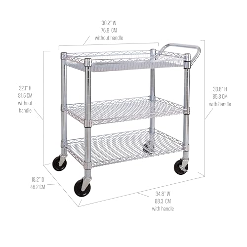 Seville Classics UltraDurable NSF Commercial Heavy Duty Metal Rolling Utility Cart, Handle Bar for Restaurant, Garage, Warehouse, Kitchen, Office, Deep Top Basket (34.8"W x 18.25"D) - color: Steel, size: 34.8" W x 18.25" D
