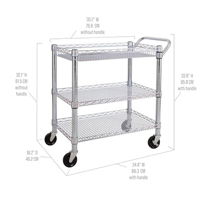 Seville Classics UltraDurable NSF Commercial Heavy Duty Metal Rolling Utility Cart, Handle Bar for Restaurant, Garage, Warehouse, Kitchen, Office, Deep Top Basket (34.8"W x 18.25"D) - color: Steel, size: 34.8" W x 18.25" D