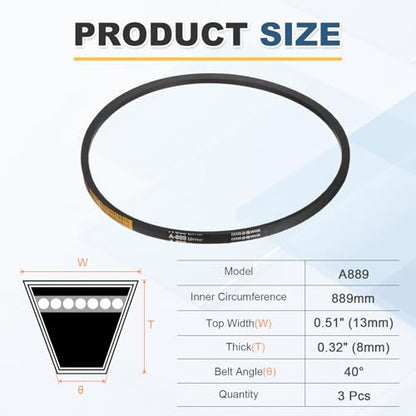uxcell 3Pcs A889 Rubber V-Belt, 919mm Li x 13mm W x 8mm T, Classic Wrapped - size: A889
