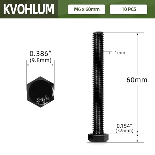 10 PCS M6 x 60mm Hex Head Screw Bolt, Stainless Hex Bolts, Full Thread, 18-8 Stainless Steel (304), Black Coating - size: M6 x 60mm