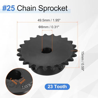 uxcell #25 Chain Roller Sprocket 8mm Bore 49.5mm OD, 23 Tooth C45 Carbon Steel ANSI #25 Roller Sprocket Round Hole with 3x1.4mm Keyway & Set Screws for ISO 04C Chain, Black - size: 8mm Bore 49.5mm OD, 23 Tooth, 3x1.4mm Keyway