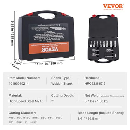 VEVOR Annular Cutter Set, 13 pcs Weldon Shank Mag Drill Bits, 2" Cutting Depth, 7/16" to 1-1/16" Cutting Diameter, M2AL HSS, with 2 Pilot Pins, Hex Wrench and Portable Case, Using with Magnetic Drills - size: 7/16" - 1-1/16" * 2"