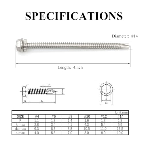 #14 x4 (1" to 4-7/8" Available) Hex Washer Head Self Drilling Screws, 410 Stainless Steel, Self Tapping Sheet Metal Tek Screws, 15 PCS - size: 15 Pcs #14 x4"