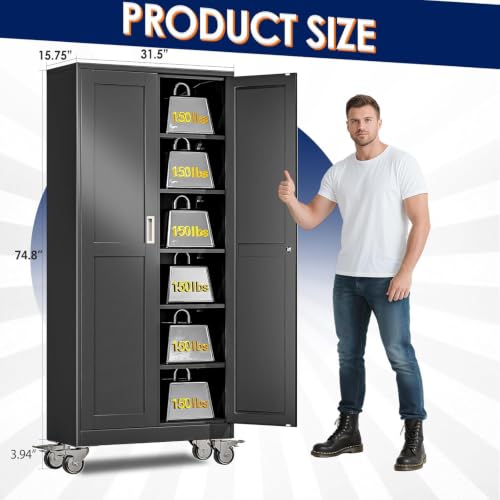 erosoei 75" H Metal Garage Storage Cabinet, Rolling Tool Cabinet with 2 Doors and Wheels, Locker Steel Cabinet with 5 Adjustable Shelves, Organization Cabinet for Garage,Office,Home,Gym,School - color: Black, size: 75"-CasLck