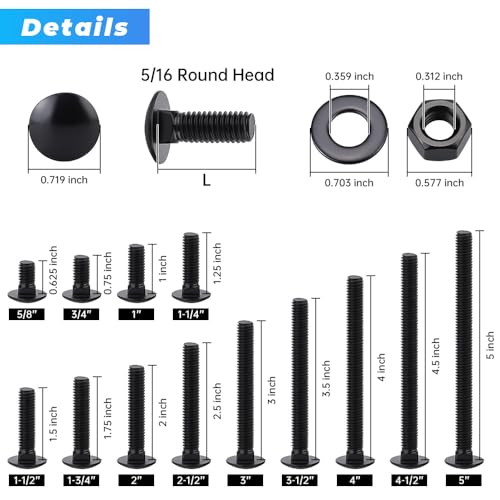 Glvaner (10 Sets) 5/16-18 x 1-1/2" Stainless Steel Carriage Bolts Screws Black and Hex Nuts & Flat Washers Black, Round Head Square Neck, 304 Stainless Steel 18-8, Full Thread Coverage - size: 5/16-18 x 1-1/2"