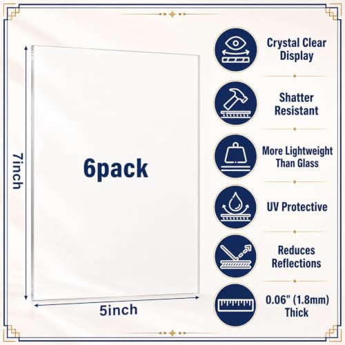 Junkin 6 Pack 5 x 7 Inch Non-Glare Acrylic Sheet for Picture Frame - size: 5 x 7 Inch