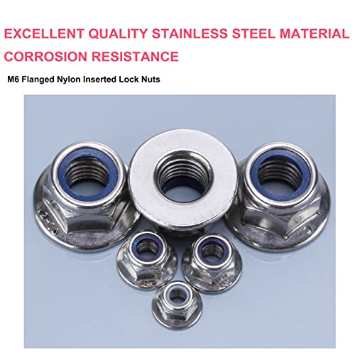 cSeao 20pcs M6 x 1.0mm Flanged Hex Nylon Inserted Lock Nuts, 304 Stainless Steel 18-8/A2-70, DIN6926 - size: M6 20pcs